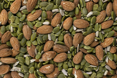 Closeup of almond, sunflower, and pumpkin seeds