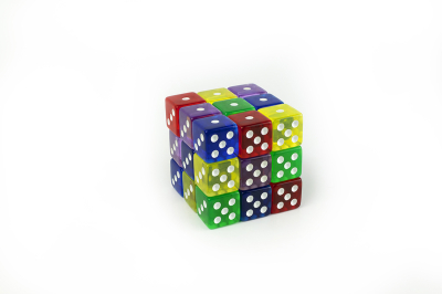 Cube of colorful six sided game dice